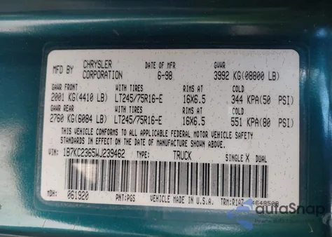 1998 Dodge Ram 2500 St z USA, uszkodzony, nr VIN 1B7KC2365WJ239462